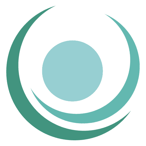 Abstract logo featuring a central light blue circle surrounded by two curved, green swooshes forming a symmetrical design on a teal background, symbolizing strategic coaching and training.