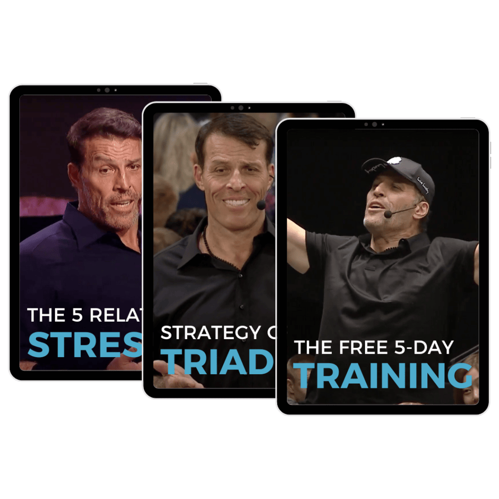 Three tablets display images of a man speaking at events with overlay text reading "THE 5 REL.A.T.I.O.N.S STRESS," "STRATEGY O TRIAD," and "THE FREE 5-DAY TRAINING." The strategic insights shared by Tony are designed to empower and transform your approach.