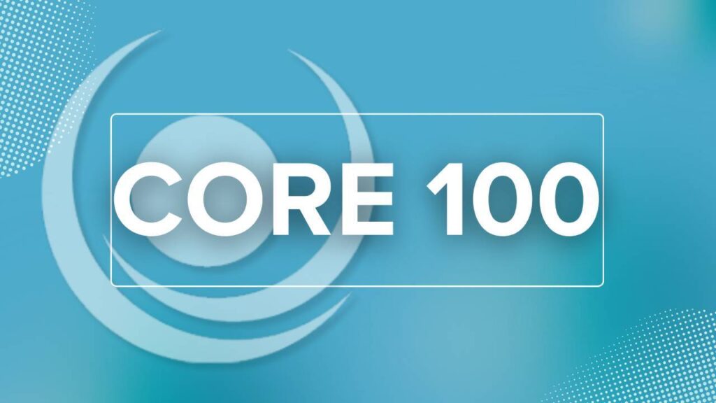 Abstract design with overlapping circles and light blue gradient background. Text in the center reads "CORE 100.