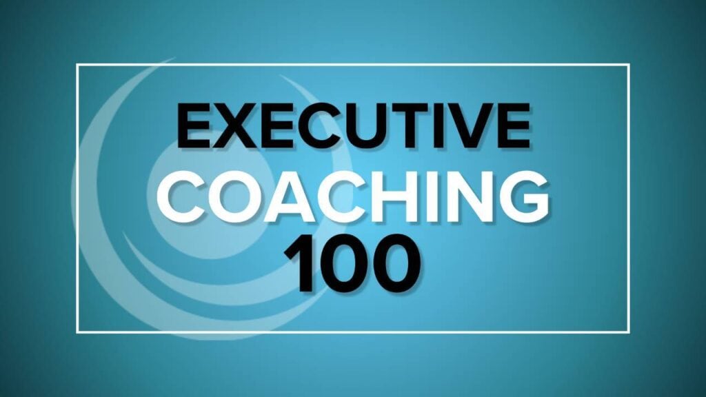 Image with a teal background displaying the text "Executive Coaching 100" in black and white fonts within a white rectangular border.